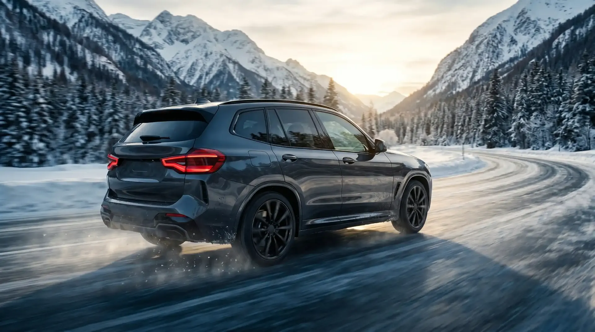 SUV mit Winterkompletträdern auf einer verschneiten Bergstrasse
